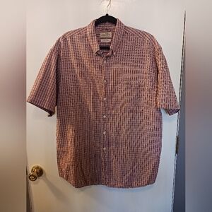 St. Johns Bay Men L Cotton Button Down Short Sleeve Red Maroon White Plaid